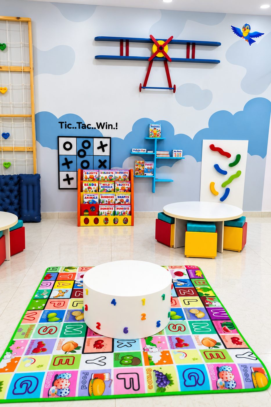 The Doon Kids activity room with play mats, activity tables and wall games
