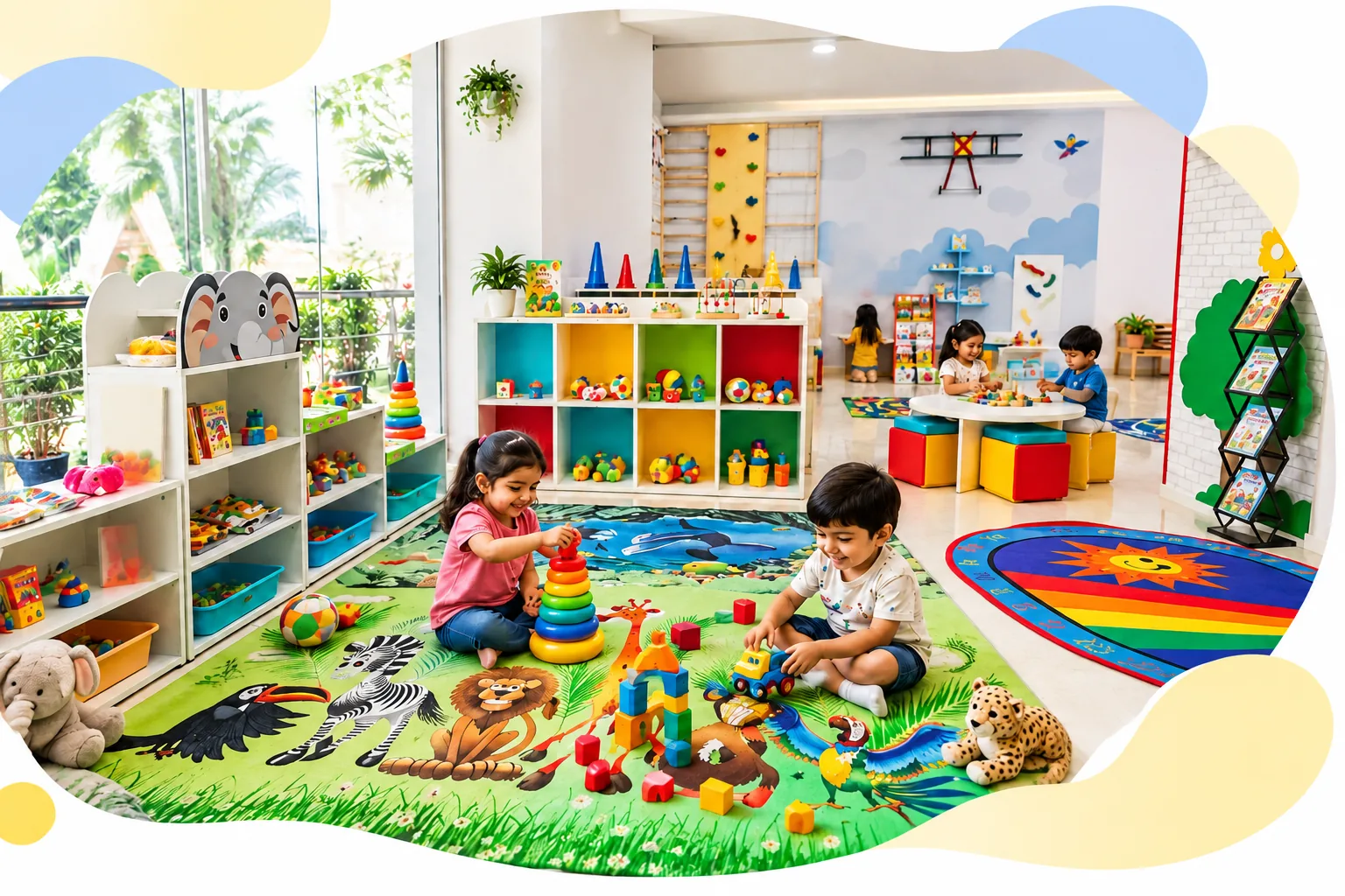Children playing with toys in the bright Doon Kids day care activity room