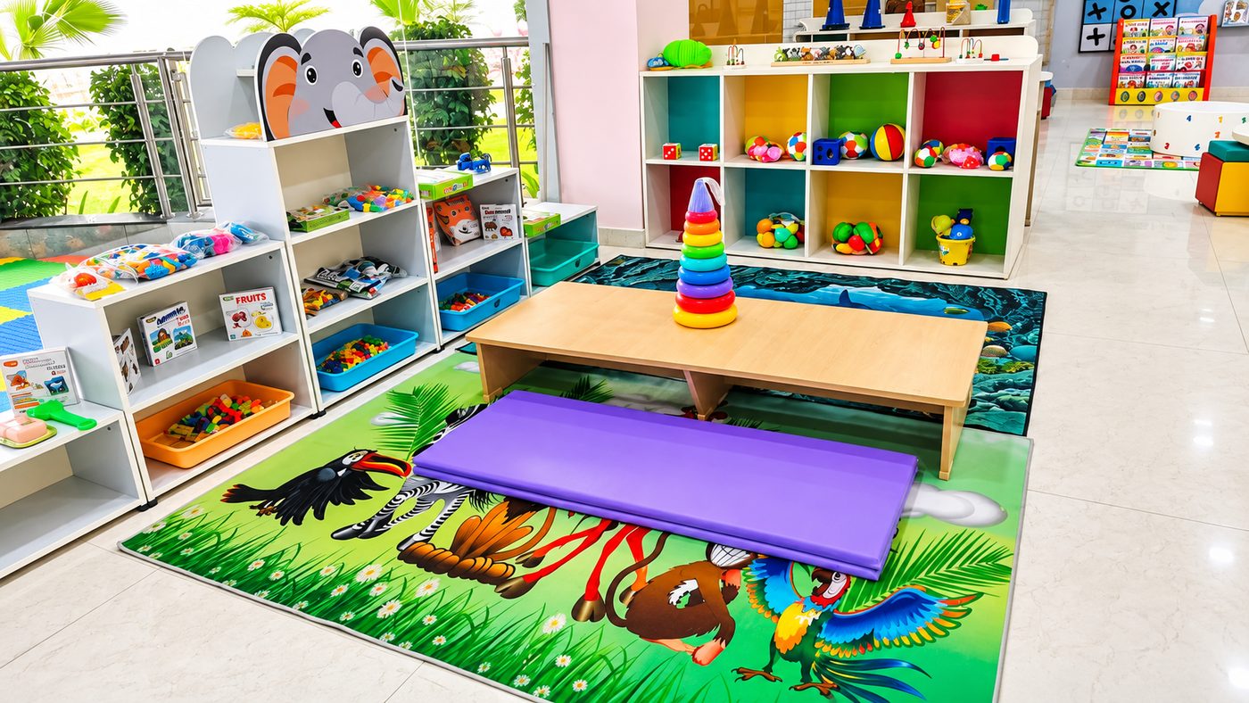 The Doon Kids activity room with toy shelves, a low play table and colourful floor mats