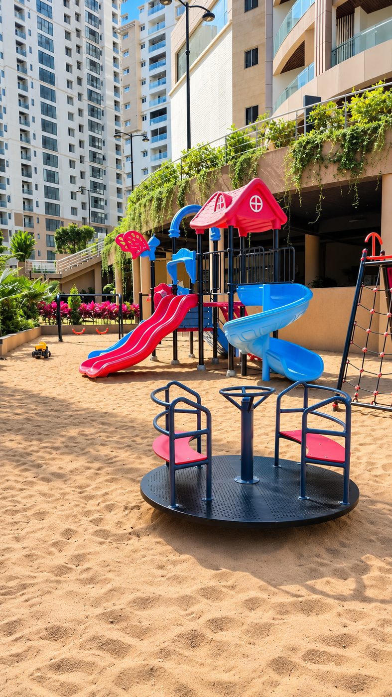 The outdoor playground with red and blue slides, a merry-go-round and sand pit