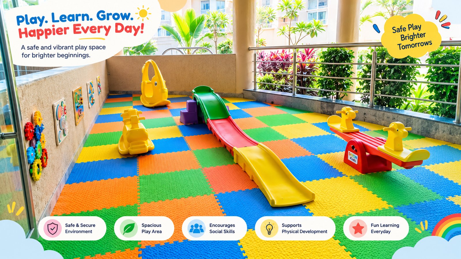The Doon Kids covered play deck with colourful soft flooring, slides, see-saws and activity toys