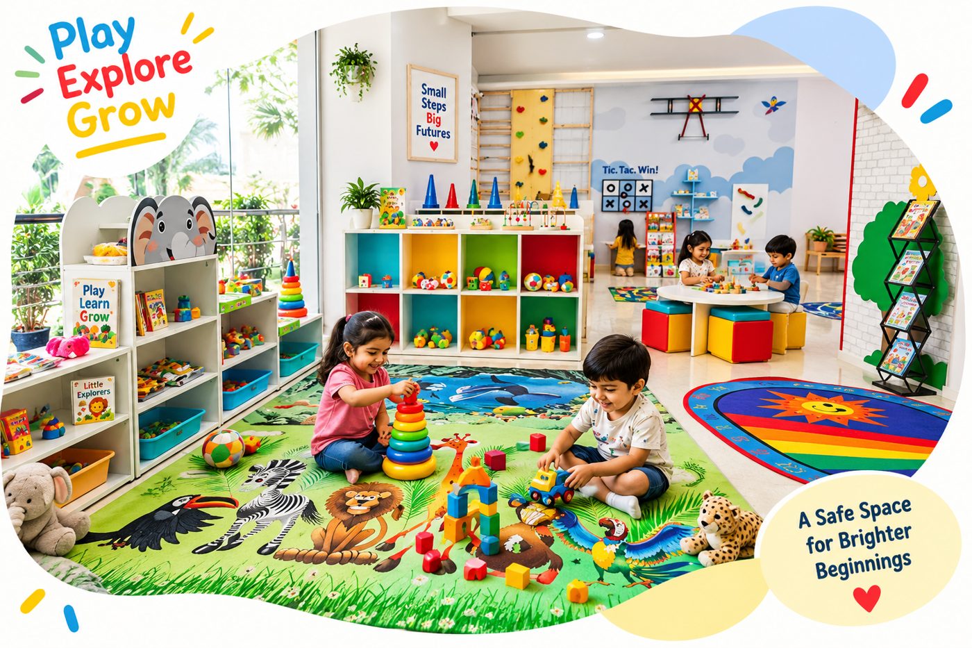 Play, Explore, Grow — children playing with toys in the Doon Kids activity room