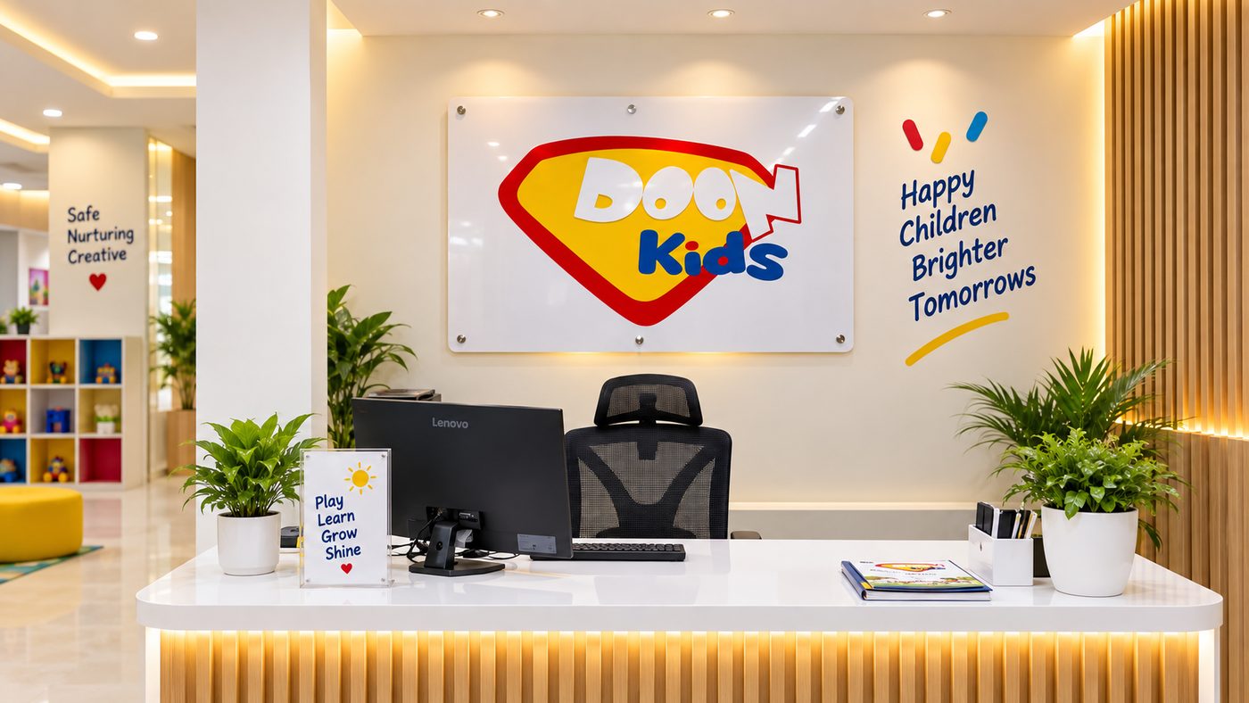 The Doon Kids sign at the reception desk