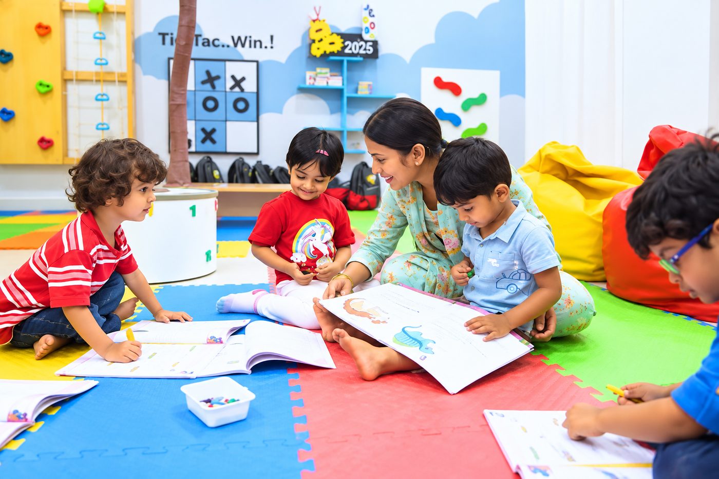 A teacher reading with children in the Doon Kids classroom