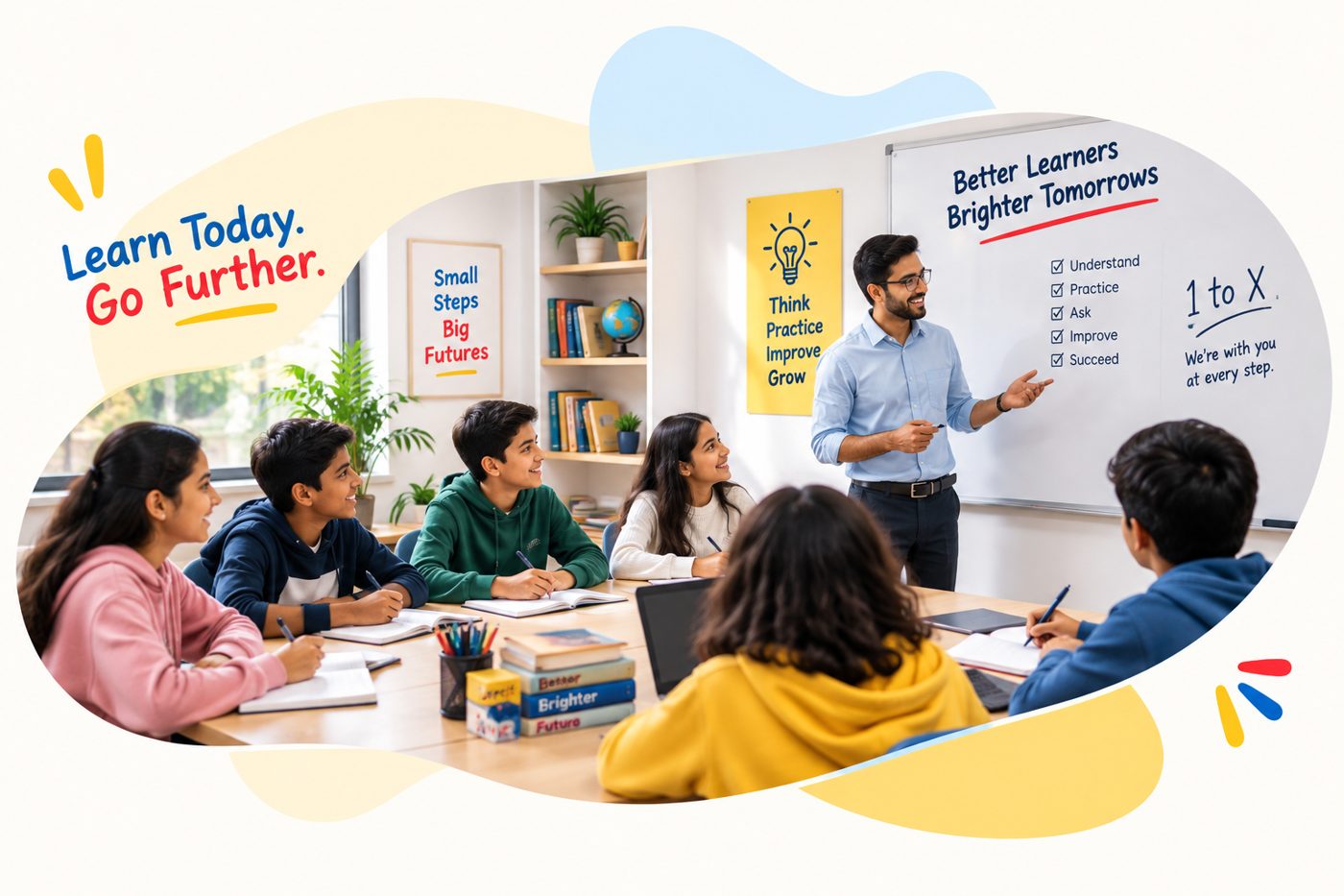 Learn Today. Go Further. — a Doon Kids tuition class with a teacher at the whiteboard